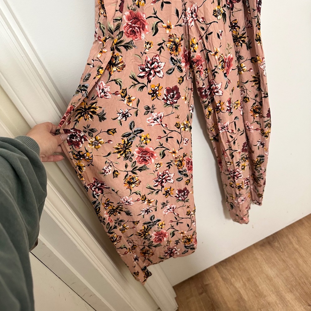 Band of Gypsies | Woman's Floral Pink Wide Leg Flutter Sleeve Wrap Jumpsuit, L - Picture 3 of 7